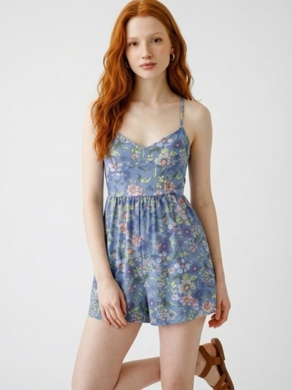 SO Blue Floral Spaghetti-Strap Romper